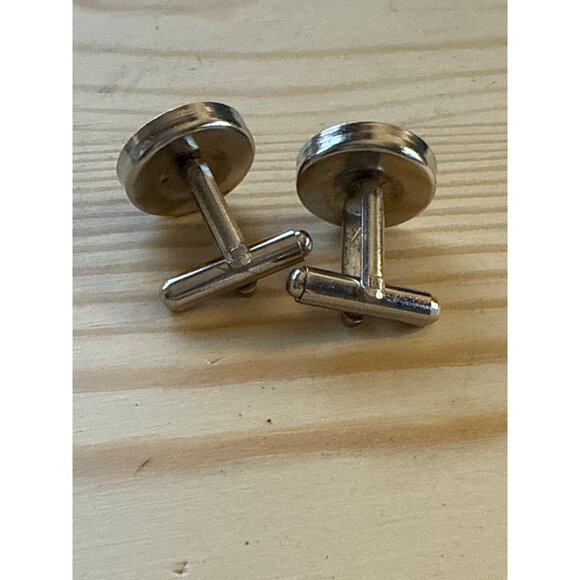 Mens Silver Tone Round Cufflinks With Abstract Patterned Fabric Insets - Picture 4 of 4